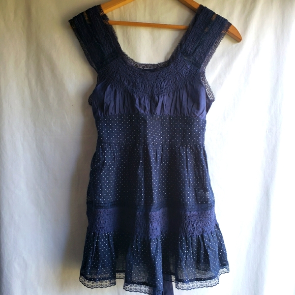Free People Tops - Free People Linen Blend Polka-dot Blue Sleeveless Lace top Blouse, Size 2